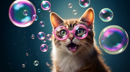 A playful cat wearing pink goggles and blowing bubbles - obrazy, fototapety, plakaty