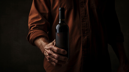 A man holding a bottle of wine in his hands - obrazy, fototapety, plakaty