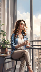 Fototapeta na wymiar woman wearing glasses is sitting and sipping coffee. On the balcony in a tall building. Ai generative