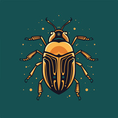 A flat illustration of a beetle, in the style of dark gold and turquoise