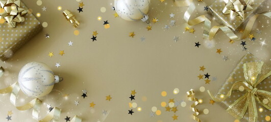 Christmas background template banner top view with copy space light green gold color.Beautiful Xmas...