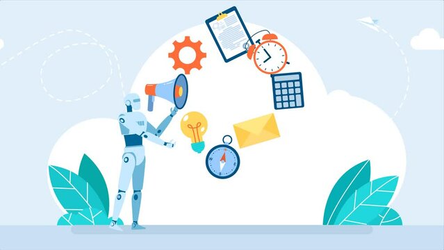 The robot performs many tasks at the same time. Artificial intelligence is multitasking. Robot juggling the devices. Advantages of using robotic processes. Multitasking. 2d flat bright animation