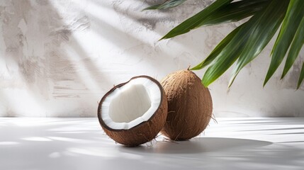 Illustration of two coconuts and a plant on a table - obrazy, fototapety, plakaty