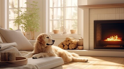 An adorable golden retriever dog lounges by the fireplace in a minimalist living room, basking in the warmth of the hearth against a backdrop of light-colored interiors. - obrazy, fototapety, plakaty