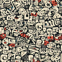 Black and white doodles graffiti funky repeat pattern