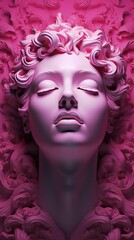 Illustration of a vibrant pink sculpture of a woman's head with exquisite curls