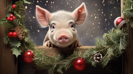 Illustration of a cute pig dressed for Christmas with a festive wreath - obrazy, fototapety, plakaty