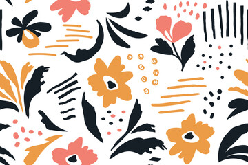 Seamless botanical pattern pink orange black modern collage of drawings of various flowers, branches, hand drawn ink sketch. Vector illustration isolated on white background.