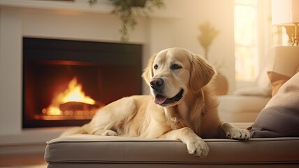 An adorable golden retriever dog lounges by the fireplace in a minimalist living room, basking in the warmth of the hearth against a backdrop of light-colored interiors.