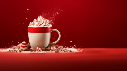 Illustration of a delicious cup of hot chocolate with whipped cream and candy canes - obrazy, fototapety, plakaty
