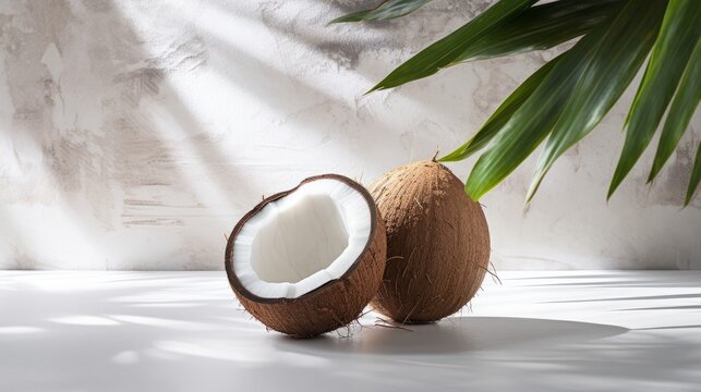 Illustration of two coconuts and a plant on a table