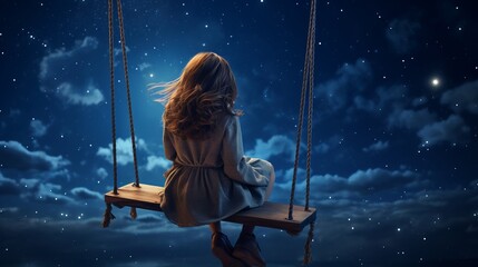 A girl sitting on a swing gazing at the night sky