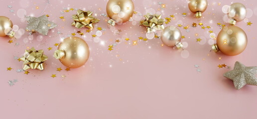 Christmas background template  top view with copy space pink gold color.Beautiful Xmas greeting card.New Year decor frame mockup .