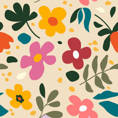 Plants, flowers, leaves, paper collage seamless pattern. Abstract botanical figures in the style of Matisse. Vector modern art background for print, textile, cover, wallpaper.