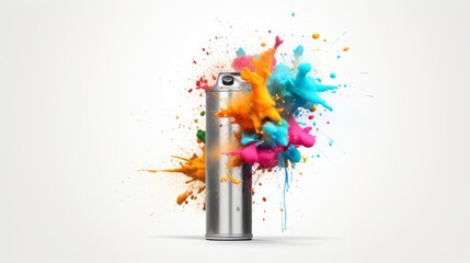 Metal aerosol spray can with colorful paint spatters - obrazy, fototapety, plakaty