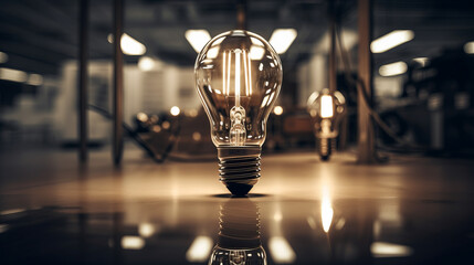 A light bulb on a table, illuminating creativity and innovation - obrazy, fototapety, plakaty