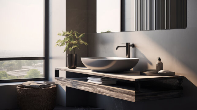 A minimalist white sink on a wooden counter with plant