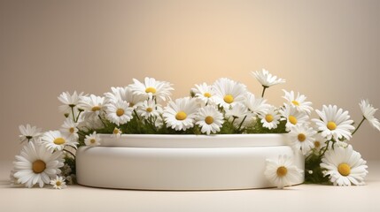 Fototapeta na wymiar A white stage filled with an abundance of beautiful white daisies flowers