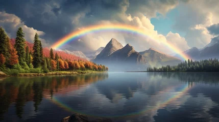 Foto op Canvas A vibrant rainbow arching over a serene lake with majestic mountains as the backdrop © NK