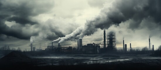 destroyed factory with smoke from chimneys, post-apocalyptic scene