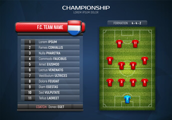 Sport scoreboard with team list and formation on soccer field. Vector template for your design.
