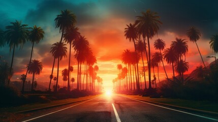 The road on the sides of which palm trees at sunset