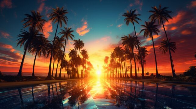 A painting of a tropical sunset with palm trees
