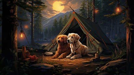 Amidst the tranquil forest, a cozy tent is set up, and inside, two happy dogs rest side by side, their tails wagging in excitement as they enjoy a camping adventure.