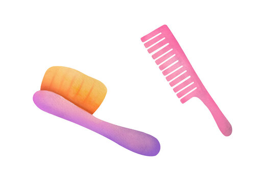 pink comb set for detangling hair, hairbrushing. Eco friendly hairdressing tool for personal hygiene. Hand drawn watercolor cutout clip art Barber's Tool on transparent background