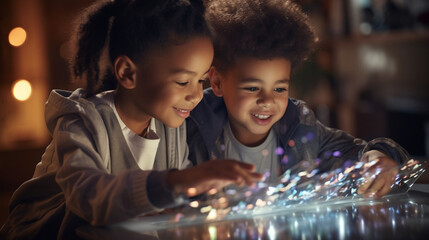 Smiling mixed race black girl and boy children holding a portable tablet device futuristic technology, hologram screen, AI, chat box, robot - obrazy, fototapety, plakaty