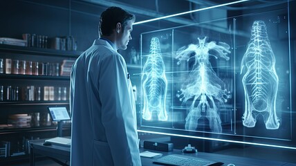 In a modern hospital room, a compassionate doctor stands with a patient's x-ray film in hand, carefully examining the detailed radiographic images.