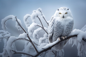 Snowy owl perched on a frost-covered branch against a winter sky