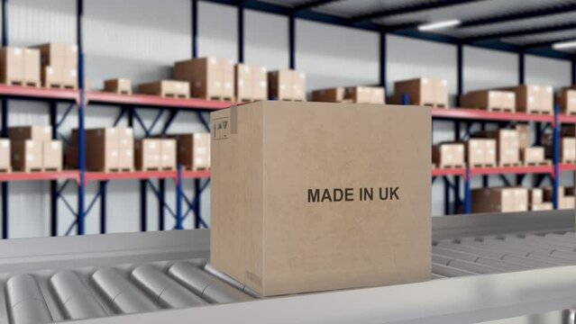Made in UK import and export concept. Cardboard boxes with product from United Kingdom on the roller conveyor