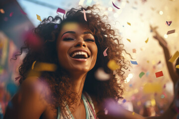 Closeup portrait of Woman in Brazilian samba carnival costume with colorful feathers plumage. Happy woman smiling and dancing on Brazilian Carnival