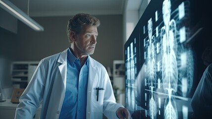 In a modern hospital room, a compassionate doctor stands with a patient's x-ray film in hand, carefully examining the detailed radiographic images.