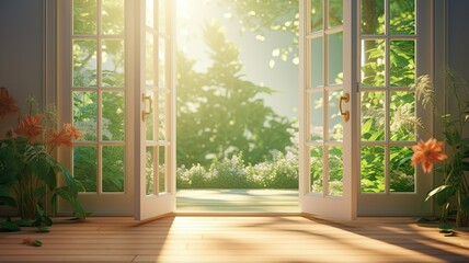 A serene scene awaits beyond an open white door, revealing a lush, green garden bathed in the soft glow of the sun. - obrazy, fototapety, plakaty