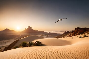 Paint a tranquil desert oasis with a lone falcon soaring high above the palm trees,