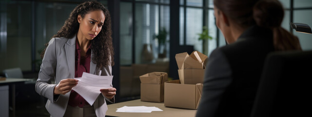 Frustrated female employee reads a dismissl document in the presence of her boss