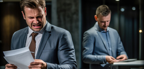 Frustrated male employee reads a dismissl document in the presence of his boss