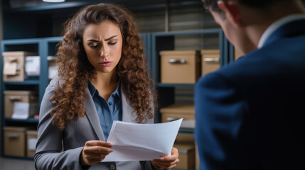 Frustrated female employee reads a dismissl document in the presence of her boss