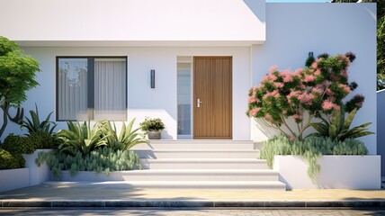 Fototapeta na wymiar A striking white entrance door surrounded by geometric steps and white potted flowers exudes modern charm.