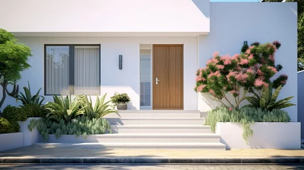 Foto op Canvas A striking white entrance door surrounded by geometric steps and white potted flowers exudes modern charm. © lililia