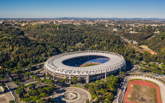 Italy, Rome, January 2020 - Aerial view of Stadio Olimpico. Stadium of soccer clubs Lazio and Roma