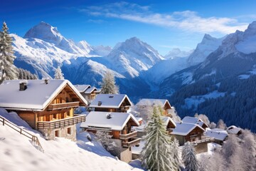 Charming alpine village with snow-draped rooftops and quaint chalets, creating a magical winter wonderland - Generative AI - obrazy, fototapety, plakaty