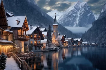 Fotobehang Charming alpine village with snow-draped rooftops and quaint chalets, creating a magical winter wonderland - Generative AI © Hanjin