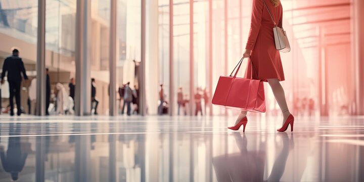 woman wearing red luxury formal dress walking in town with red shopping bag, Generative Ai