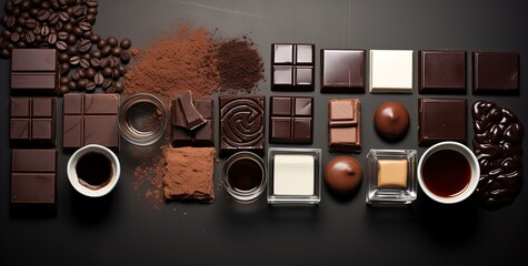 flat lay coffee, chocolate, milk, tea, ingredient top view in artistic style, Generative Ai
