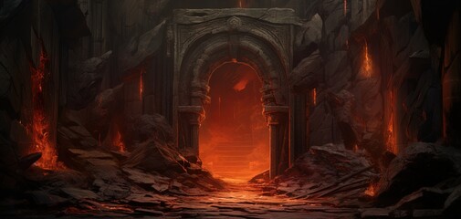 illustration of sinful curse hell gate with smoke and flame Generative Ai	
