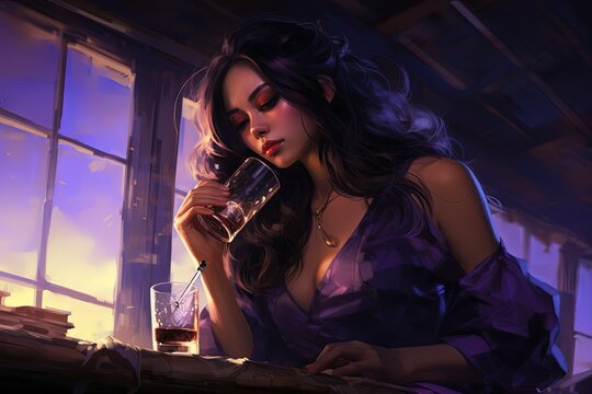 painting style illustration of sexy woman drinking alcohol in rustic bar, Generative Ai