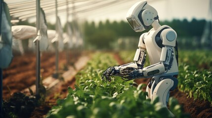 Concept of the Future of Agriculture. Human-like robot managing farm